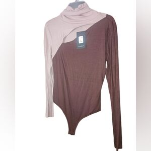 NWT Fashion Nova Asymmetrical Brown and Tan Bodysuit L